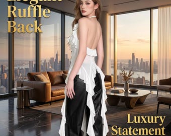 Elegant White Ruffle Halter Neck Top Women Deep V Tie Front Sleeveless Backless Going Out Romantic Statement Blouse Summer