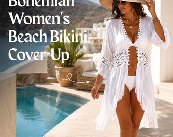 White Boho Beach Cover Up for Women, Crochet Bikini Cover Up, Summer Swim Cover Up, Resort Wear, Vacation Kimono Cardigan