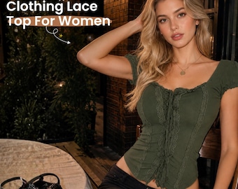 Olive Green Lace‑Up Corset Top Women Square Neck Puff Sleeve Cropped Slim Fit Y2K Coquette Date Night Vacation