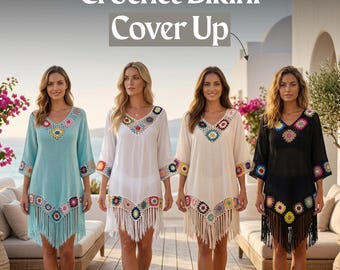 Fringe Tassel Crochet Cover Up Dress Women Floral V‑Neck 3/4 Sleeve Beach Vacation One Size Sky Blue White