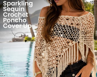 Sequin Crochet Poncho Cover Up Fringe Off Shoulder Beach Boho One Size Sparkle Knit Top Holiday 37.8in
