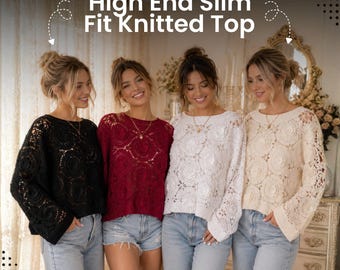 Floral Crochet Sweater Women Boho Knit Top Round Neck Long Sleeve Free Size Black White Wine Apricot Vintage
