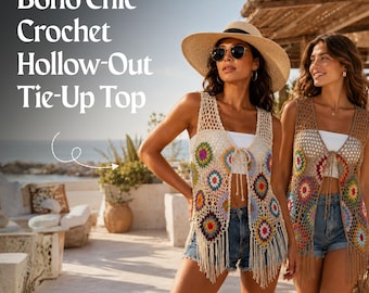 Granny Square Tie-Up Cover Up Women Crochet Fringe Boho Beach Festival V‑Neck Sleeveless Multicolor Cream One Size