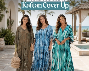 Abstract Stripe Kaftan Cover Up Women Turquoise Blue Black V‑Neck Batwing Maxi Beach Dress One Size 54in