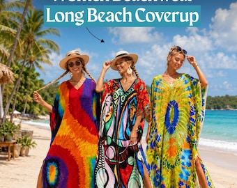 Rainbow Tie‑Dye Kaftan Cover Up Women Batwing Maxi Beach Dress One Size V‑Neck Vacation 55in
