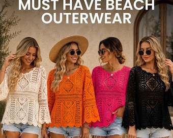 Crochet Lace Blouse Women Boho Bell Sleeve Top Scalloped Hem Vacation Beach S M L XL Black Cream Pink Orange