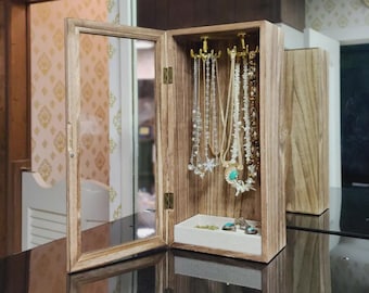 Wooden Rotating Jewelry Organizer Case – Necklace Holder, Ring Tray, Bracelet & Earring Storage Box