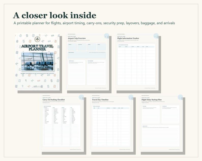 A printable airport travel planner featuring a cover page and five internal sheets titled Airport Trip Overview, Flight Information Tracker, Carry-On Packing Checklist, Travel-Day Timeline, and Flight Delay Backup Plan with grids and lines.