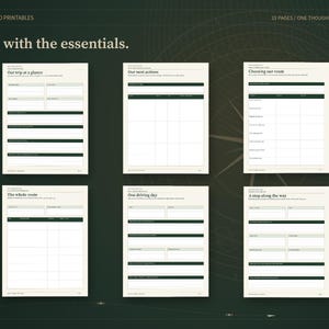 May include: Six cream-colored planner pages with dark green headers and lines, titled North Bound Printables. The pages feature sections for trip planning, including Our trip at a glance, Our next actions, Choosing our route, The whole route, One driving day, and A stop along the way. The text Start with the essentials is displayed at the top left.