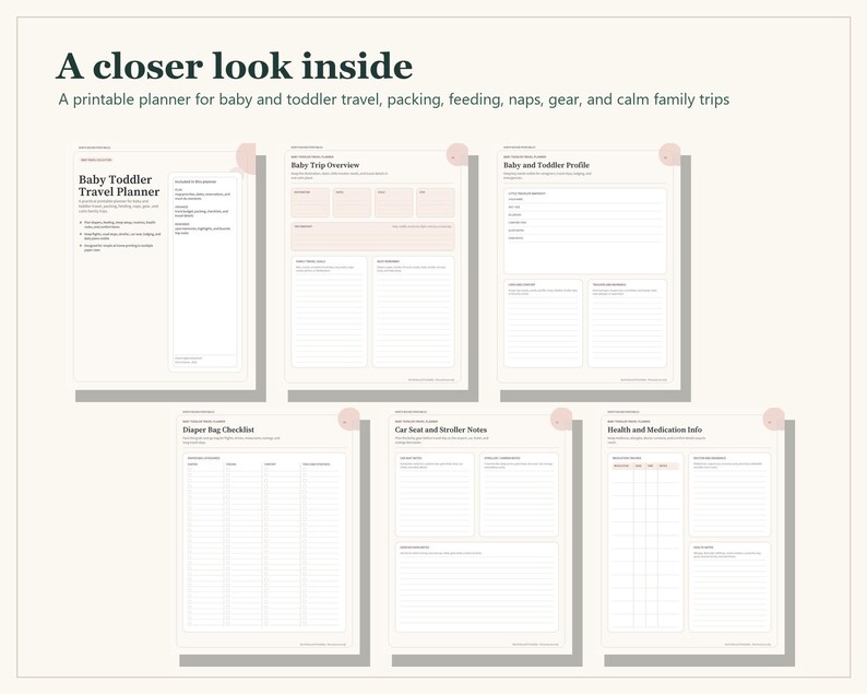 A printable baby and toddler travel planner featuring six pages with sections for trip overview, child profile, diaper bag checklist, car seat and stroller notes, and health information. The pages have a clean layout with soft pink accents.