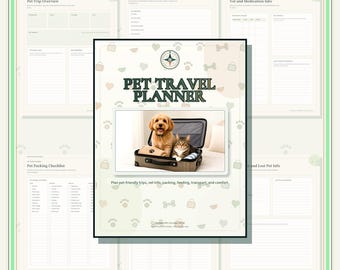 Può includere: Un documento digitale di pianificazione viaggi per animali domestici con una copertina che mostra un golden retriever e un gatto soriano seduti in una valigia aperta. Il testo recita PET TRAVEL PLANNER e Plan pet-friendly trips, vet info, packing, feeding, transport, and comfort.