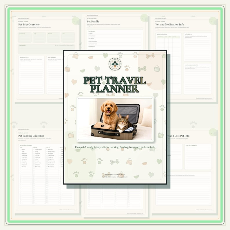 A digital pet travel planner document featuring a cover page with a golden retriever and a tabby cat sitting in an open suitcase. The text reads PET TRAVEL PLANNER and Plan pet-friendly trips, vet info, packing, feeding, transport, and comfort.