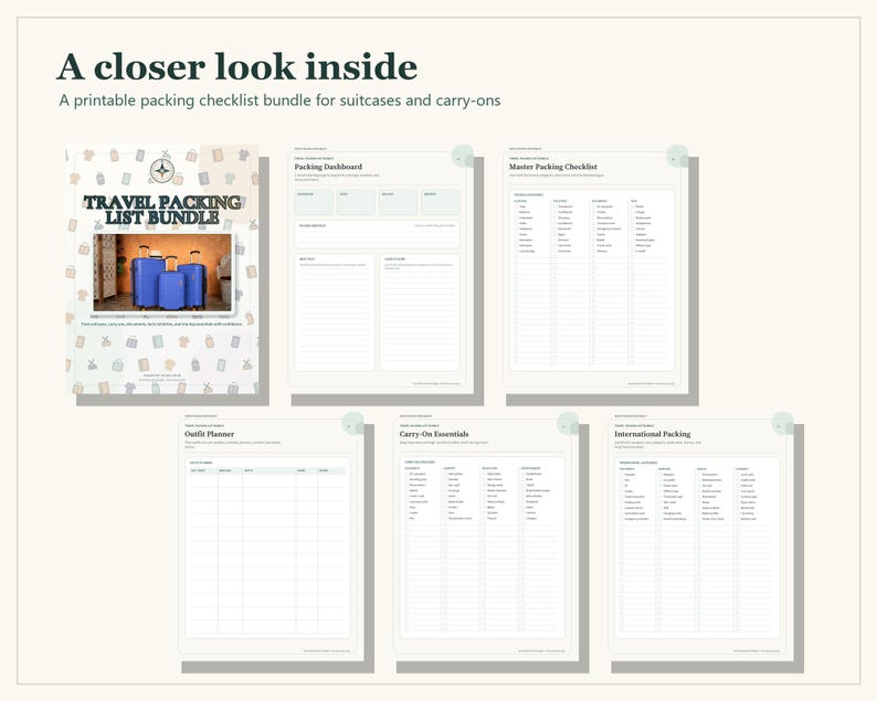 A printable travel packing list bundle featuring a cover page with blue suitcases and five distinct planning sheets titled Packing Dashboard, Master Packing Checklist, Outfit Planner, Carry-On Essentials, and International Packing.