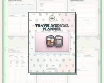 Può includere: Un set di documenti digitali per la pianificazione medica di viaggio con una pagina di copertina che presenta un'icona a bussola, il testo TRAVEL MEDICAL PLANNER e l'immagine di un portapillole aperto. Include pagine per profili medici.