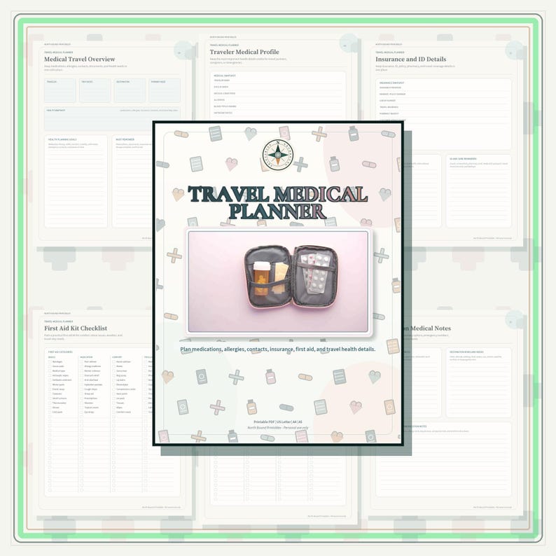 A digital travel medical planner document set featuring a cover page with a compass icon, the text TRAVEL MEDICAL PLANNER, and an image of an open pill organizer. The set includes pages for medical overviews, profiles, and checklists.