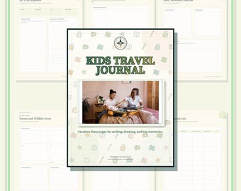 Può includere: Un diario di viaggio per bambini con copertina color crema, logo a bussola, icone di viaggio e una foto centrale di due persone che preparano una valigia. Il testo recita Kids Travel Journal e Vacation diary pages for writing, drawing, and trip memories.