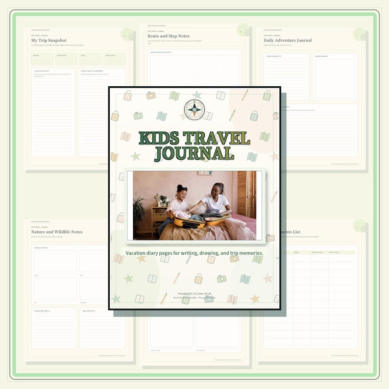 A Kids Travel Journal with a cream cover featuring a compass logo, travel icons, and a central photograph of two people packing a suitcase. The text reads Kids Travel Journal and Vacation diary pages for writing, drawing, and trip memories.