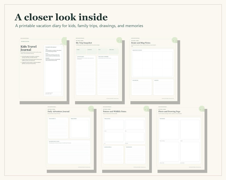 A printable kids travel journal set featuring five distinct page layouts with light green accents. The pages include sections titled Kids Travel Journal, My Trip Snapshot, Route and Map Notes, Daily Adventures Journal, Nature and Wildlife Notes, and Photo and Drawing Page with lined and blank spaces.