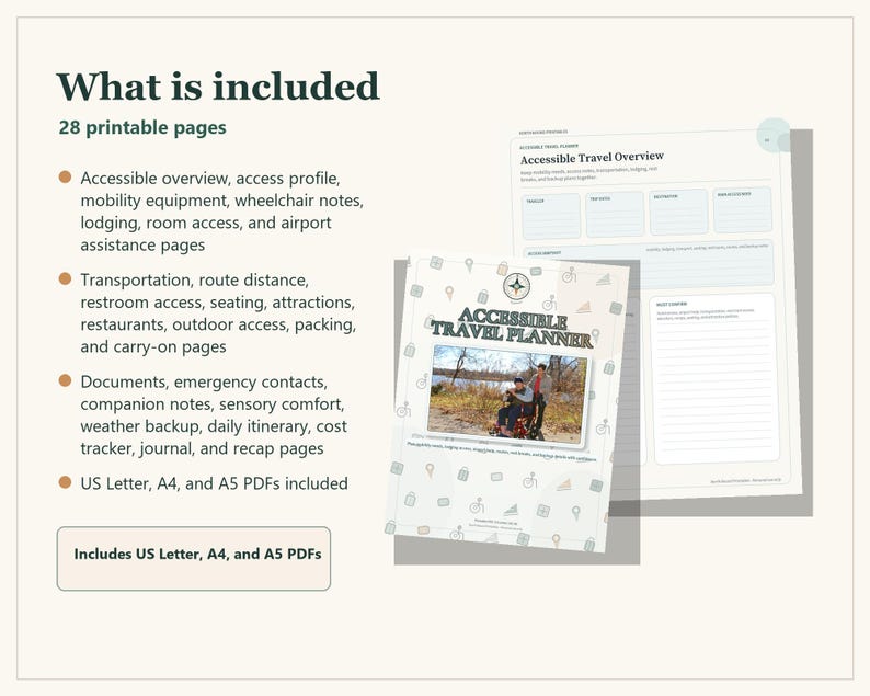 An Accessible Travel Planner digital document set with 28 printable pages. The cover features a photo of a person in a wheelchair outdoors. Includes sections for transportation, lodging, and daily itineraries in US Letter, A4, and A5 PDF formats.