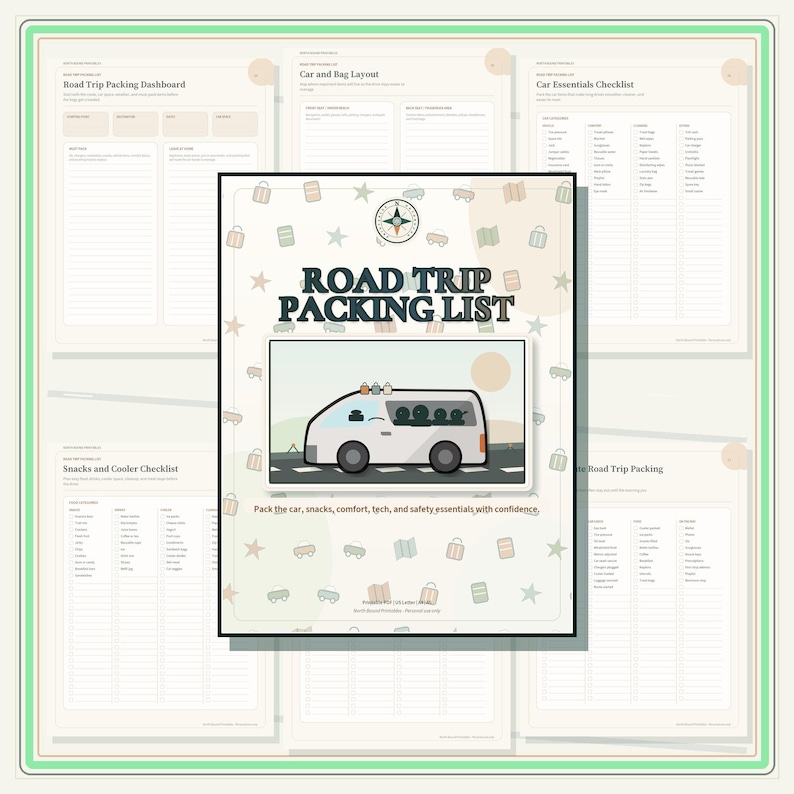 Printable Road Trip Packing Checklist, Car Trip Essentials, Snacks, Emergency Kit (PDF Download) image 1