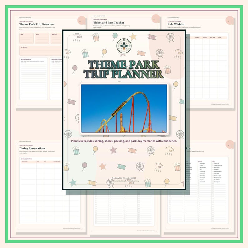 Printable Theme Park Planner, Vacation Itinerary, Ride, Packing, Budget (PDF) image 1