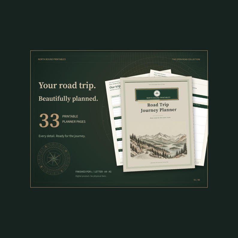 May include: A Road Trip Journey Planner with 33 printable pages, featuring a mountain landscape illustration on the cover. The text reads: Your road trip. Beautifully planned. 33 printable planner pages. Every detail. Ready for the journey.