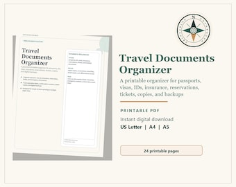Può includere: Un organizzatore stampabile di documenti di viaggio con il titolo "Travel Documents Organizer" in verde. L'organizzatore include spazio per passaporti, visti, documenti d'identità, assicurazioni, prenotazioni, biglietti, copie e backup. Il testo "PDF stampabile" e "Download digitale istantaneo" sono visibili.