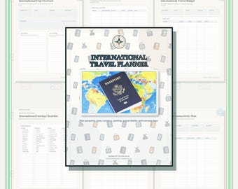 Può includere: Un pianificatore di viaggi internazionale con una copertina centrale che mostra un passaporto statunitense su una mappa del mondo. Lo sfondo presenta varie icone di viaggio e diverse pagine, tra cui una panoramica del viaggio, un tracker per visti, un budget, una lista di imballaggio e un piano di connettività.