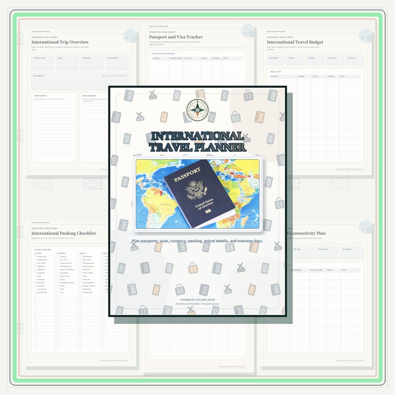 An International Travel Planner document featuring a central cover with a United States passport graphic over a world map. The background displays various travel-themed icons and multiple pages including an International Trip Overview, Passport and Visa Tracker, International Travel Budget, International Packing Checklist, and Connectivity Plan.