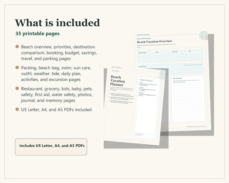 A set of 35 printable beach vacation planner pages featuring text headers like Beach Vacation Planner and Beach Vacation Overview. The documents include sections for budget, packing, travel, and daily activities in US Letter, A4, and A5 sizes.