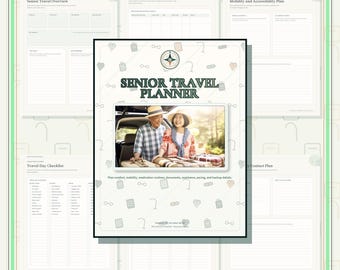 Può includere: Un set di documenti digitali per la pianificazione di viaggi per anziani con una copertina che presenta un'icona a bussola, il testo SENIOR TRAVEL PLANNER e una foto di due persone che caricano un'auto. Include pagine per itinerari e liste.