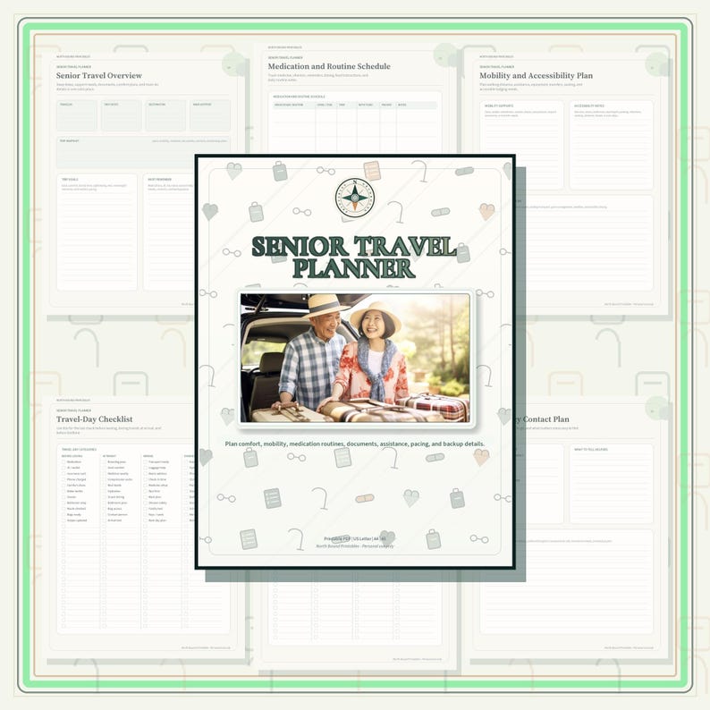 A digital senior travel planner document set featuring a cover page with a compass icon, the text SENIOR TRAVEL PLANNER, and a photo of two people packing a car. The set includes pages for travel overview, medication, and checklists.