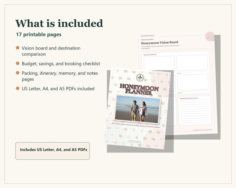 A digital honeymoon planner set featuring 17 printable pages including a vision board, budget, packing, and itinerary templates. The cover displays the text Honeymoon Planner and a photo of two people on a beach. Includes US Letter, A4, and A5 PDFs.