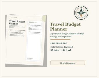 Può includere: Un pianificatore di budget di viaggio stampabile con il testo "Travel Budget Planner" in un carattere serif. Il pianificatore include sezioni per risparmi, spese e pianificazione del viaggio. L'immagine include anche una grafica a bussola.