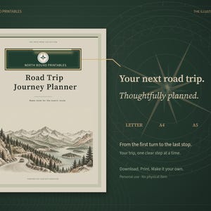 May include: A Road Trip Journey Planner printable document featuring a mountain landscape illustration with a winding road and lake. The text reads North Bound Printables, The Open Road Collection, Your next road trip. Thoughtfully planned. Letter, A4, A5.