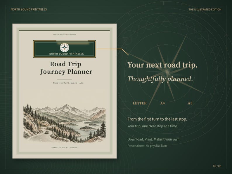 May include: A Road Trip Journey Planner printable document featuring a mountain landscape illustration with a winding road and lake. The text reads North Bound Printables, The Open Road Collection, Your next road trip. Thoughtfully planned. Letter, A4, A5.