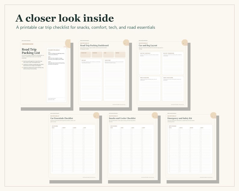 A set of six printable road trip planning pages with beige accents. The pages feature headers including Road Trip Packing List, Road Trip Packing Dashboard, Car and Bag Layout, Car Essentials Checklist, Snacks and Cooler Checklist, and Emergency and Safety Kit.
