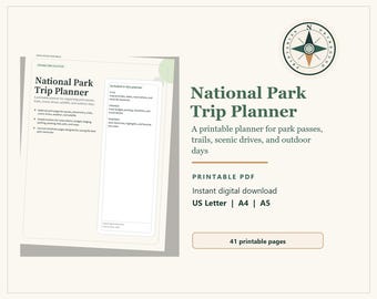 Può includere: Un pianificatore di viaggio stampabile per parchi nazionali, con un logo a bussola. Include pagine per pass per parchi, sentieri, percorsi panoramici e giornate all'aperto. Disponibile nei formati US Letter, A4 e A5.