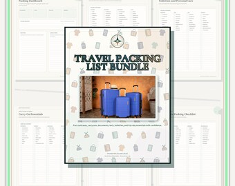 Può includere: Un pacchetto digitale di liste per bagagli con una pagina di copertina centrale con il testo TRAVEL PACKING LIST BUNDLE e tre valigie blu. Lo sfondo mostra varie pagine di liste di controllo stampabili, incluso Packing Dashboard.