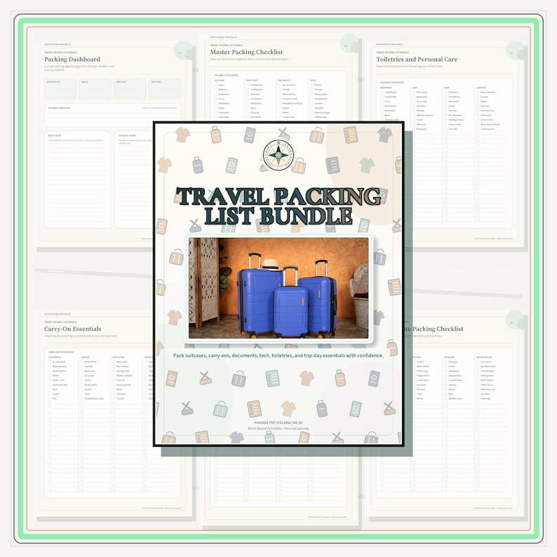 A digital travel packing list bundle featuring a central cover page with the text TRAVEL PACKING LIST BUNDLE and three blue suitcases. The background displays various printable checklist pages including Packing Dashboard and Carry-On Essentials.