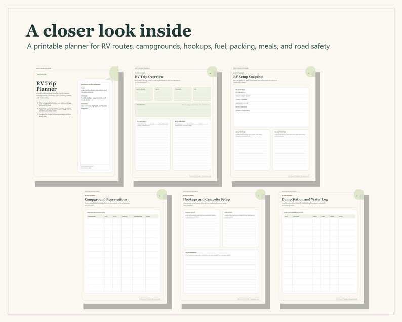A printable RV trip planner set featuring six pages with light green accents. The pages include sections for RV Trip Planner, RV Trip Overview, RV Setup Snapshot, Campground Reservations, Hookups and Campsite Setup, and Dump Station and Water Log.