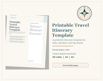Può includere: Un modello di itinerario di viaggio stampabile intitolato "Printable Travel Itinerary Template". È progettato per orari giornalieri e dettagli del viaggio. Il design è su sfondo crema con una grafica a bussola. Disponibile in A4 e A5.