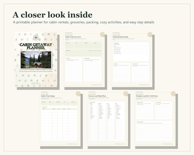 A printable cabin getaway planner featuring a cover page with a cabin photograph and the text Cabin Getaway Planner, alongside five interior pages titled Cabin Trip Overview, Cabin Rental Details, Cabin Trip Budget, Grocery and Meal Plan, and Fireplace and Hot Tub Notes, all displayed on a light background.