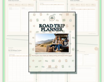 Può includere: Un modello di pianificatore di viaggio digitale con una pagina di copertina centrale con il testo ROAD TRIP PLANNER e una foto di due persone sedute nel bagagliaio di un'auto. Lo sfondo mostra varie icone a tema viaggio e pagine interne.