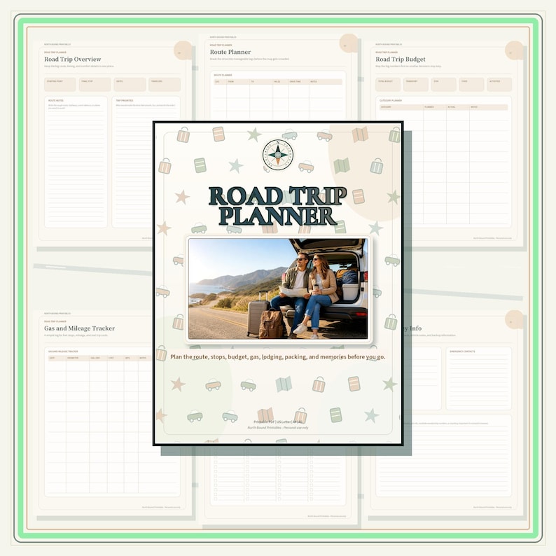 A digital road trip planner template featuring a central cover page with the text ROAD TRIP PLANNER and a photo of two people sitting in a car trunk. The background displays various travel-themed icons and multiple internal planning pages.