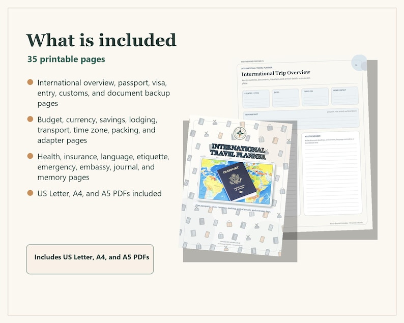 A digital international travel planner set with 35 printable pages. The cover features a passport graphic over a world map. Includes sections for trip overview, budget, health, and documents. Available in US Letter, A4, and A5 PDF formats.