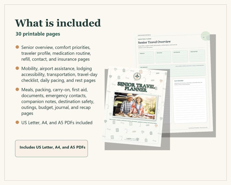 A digital senior travel planner set featuring 30 printable pages. The cover displays the text Senior Travel Planner with a photo of two people. Included pages cover medication, mobility, packing, and emergency contacts in US Letter size.