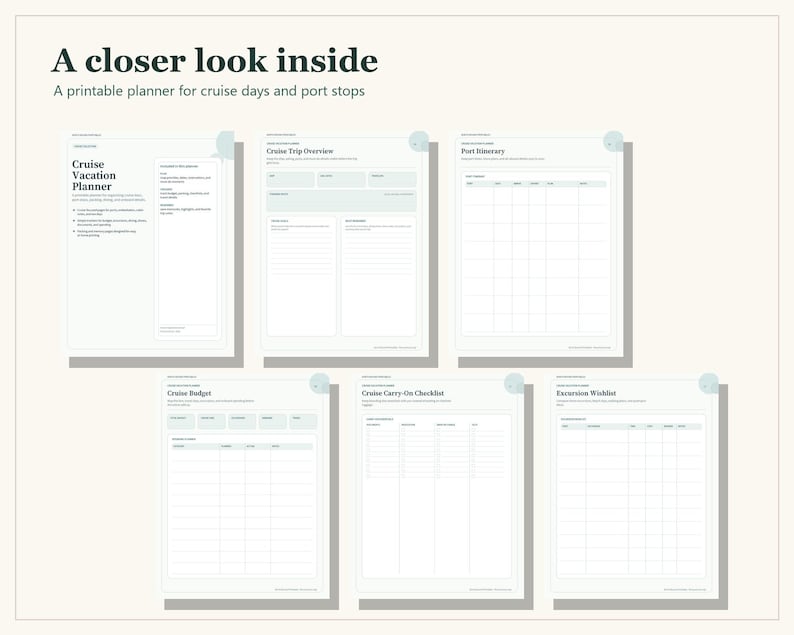 A printable cruise vacation planner set featuring five white pages with dark text and light green accents. The pages include sections for Cruise Vacation Planner, Cruise Trip Overview, Port Itinerary, Cruise Budget, Cruise Carry-On Checklist, and Excursion Wishlist with organized grids and lines for travel documentation.