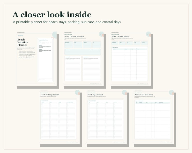 A printable beach vacation planner set featuring six pages with headers including Beach Vacation Planner, Overview, Budget, Packing Checklist, Beach Bag Checklist, and Weather and Tide Notes. The pages have light blue accents.