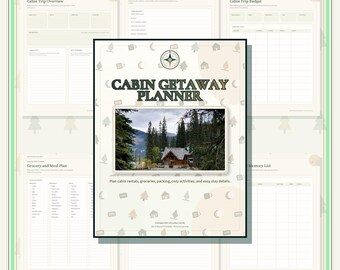 Può includere: Un pianificatore digitale per vacanze in baita con copertina beige, icona a bussola, il testo CABIN GETAWAY PLANNER e una foto di una baita in legno in una foresta. Il pianificatore include pagine per budget, pasti e dettagli del soggiorno.